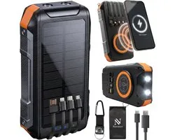 Nuvance Solar Powerbank 20000mAh - 22.5W Snellader - USB C & USB A - 4x Ingebouwde Kabels - Draadloze Powerbank 15W - Noodpakket - Powerbank Zonneenergie