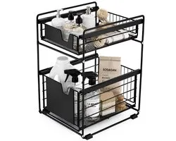 BOTC Gootsteenkast Organizer - Keukenkast Organizer - Aanrecht Organizer - Dubbel Uitschuifbaar - Aanrecht - Lade - Zwart