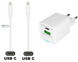 OneOne 35W super snellader met 2 poorten. Oplader met Sterke 0,8m USB C naar C kabel. PD lader adapter past op Universeel Asus, ZTE, Fairphone, Sony Xperia, OPPO, Nokia, Acer, Arnova, BlackBerry, Anker (Soundcore), Archos, Poly Voyager