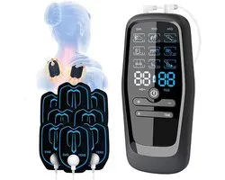 Spierstimulator – 3-in-1 TENS/EMS/massage-elektrostimulator | spierstimulator – 30 intensiteiten en 27 modi – 2 kanalen – 8 elektroden – verlichting en ontspannende massage.