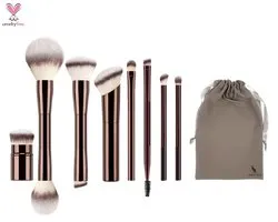 San Vitale – Ensemble de pinceaux de maquillage professionnel de Luxe – Avec sac de rangement – Pinceaux de maquillage végétaliens – Trousse de maquillage avec ensemble de 10 pinceaux – Or rose/champagne