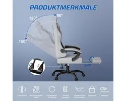 Yesdeals Pro Gaming & Office Chair – Ergonomic Fabric Chair with Massage Function and Footrest – Adjustable Backrest 90°-150° – 150 kg Capacity – Breathable Fabric – Light Grey Yesdeals