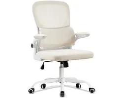 UEV Mesh Chair with Lumbar Support and Backrest, Ergonomic Office Chair with Multi-Regulation, Space-Saving Desk Chairs with Folding Armrests, 65 x 58 x 100-110 cm, Beige