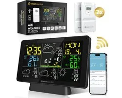 MostEssential Weerstation Wifi Edition - Plug & Play Installatie - Draadloos - Weerstation met Buitensensor - Hygrometer - Binnen en Buiten - 150 Meter Bereik - Inclusief App - Zwart - 2 sensors