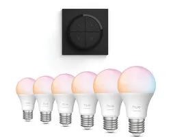 Philips Hue Voordeelverpakking - E27 - met 6 Standaard lampen - Wit en Gekleurd Licht - Incl. Hue Dial Switch (Zwart) - Hue White and Color Ambiance Essentials