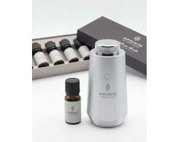ARONIQ Luxe Aluminium Aroma Difusser + Signature Senses Etherische Olie Set (6x10ml) – Waterloos & Draadloos – Smart App & Ambient Light – Aromatherapie – Combi Deal - Silver