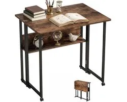 Bureau table pliante table d'écriture 80x22/58x75 cm brun avec compartiment de rangement avec roulettes pivotantes design mobile pliable peu encombrant cadre métallique robuste facile à monter et à nettoyer convient pour le bureau et la salle d'étude