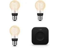 Philips Hue Starterspakket - E27 - met 3 Filament Standaard Lampen (A60) - Warmwit Licht - Incl. 1 Hue Bridge Pro - Hue White Filament