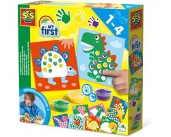 SES Creative - My First – Dinos Stippen met Vingerverf - 10 kleurplaten met dieren en 3 kleuren vingerverf - goed uitwasbaar - Dinosaurus speelgoed – Glutenvrij - 1 tot 4 jaar