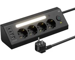 PureVolt Stekkerdoos met USB C en USB A - 4 Stopcontacten - 2x USB-C & 2x USB-A - Overspanningsbeveiliging 1050 Joule – LED Nachtlamp - 1,8 Meter Verlengsnoer - Zwart