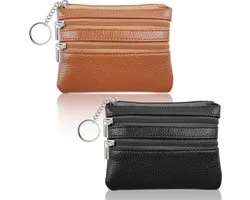 Set van 2 kleine portemonnees voor dames - Dames portemonnee - Mini portemonnee - Compacte leren portemonnee met rits rondom - met 3 compartimenten en sleutelhouder - Unisex - Zwart en bruin