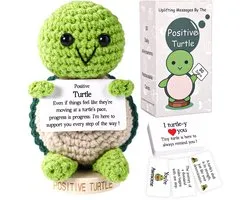 Positive Turtle Set, Crochet Turtle Doll with 30 Motivational Cards & Wooden Base Cute Knitted Animal Positive Gift for Friends Family Encouragement Decoration