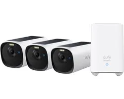 eufy Security eufyCam E40 3-Cam Set (HomeBase 2), draadloze outdoor beveiligingscamera met zonne-energie, 2K-resolutie met ingebouwd zonnepaneel, MaxColor nachtzicht, uitbreidbare lokale opslag, geen maandelijkse kosten