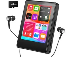 Lecteur MP3 64GB avec Bluetooth 5.3 - Écran Tactile Complet 2,4 Pouces - Son HiFi - Radio FM et Enregistreur - Touche Sourdine Une Pression - Extensible jusqu'à 512GB - Casque Filaire Inclus