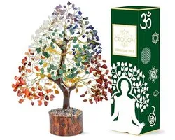 Crocon Seven Chakra Natural Gemstone Tree Bonsai Reiki Healing Crystals Decoration Ornament Feng Shui Figurine Sculpture Home Decoration Spiritual Happiness and Prosperity Gift Size 10-12 inch