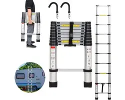 Telescopische Ladder - Telescoopladder - 2,6m zilver + haak, Max. Belasting 150 kg, Compact en Draagbaar met Soft Closing Systeem, Geschikt voor Particulier en Professioneel Gebruik, Telescopische Vouwladder
