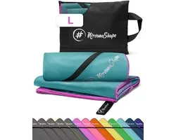 NirvanaShape - microvezel handdoek - strandlaken en badlaken - sneldrogend en absorberend - sporthanddoek met slimme hoekzak - 140 x 70 cm - Turkoois / Roze Rand