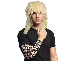 Boland Carnaval Verkleed set Rocker/biker - Heren - pruik in het blond en arm sleeves met tatoeages