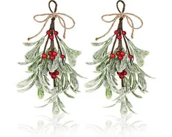 2 pièces - Décoration de gui de Noël - Gui artificiel - Branches de gui - avec baies rouges et nœud - Décoration murale - Décoration de porte - Décorations pour sapins de Noël de Noël - Décoration de porche - Décoration de fête - 23 cm