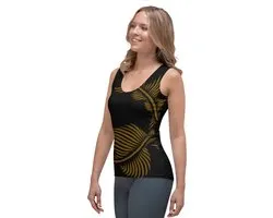 TankTop - design - Lines 4 Peace  - Dry Fit - High Performance - 4way stretch - unieke print - UPF 50+ - Hardloop - Yoga - Fitness - Dans - Pilates - Training - Sport Top - zwart hazelnoot bruin - dames - maat M