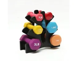 Hexagonale halterset, inclusief halterrek, matte afwerking, neopreen coating, krachttraining, thuis, sportschool.