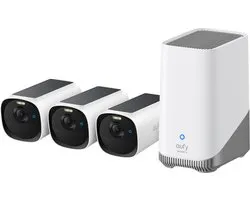 Set de caméras de sécurité eufyCam E40 – 3 Caméras + HomeBase 2 – Résolution 2K – Avec panneau solaire – Vision nocturne (MaxColor) – Stockage extensible – Sans abonnement – Sans fil – Utilisation en extérieur