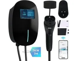 Puluomis - Wallbox EV Charger 7 kW - Borne de recharge Smartcharge avec application - Câble de 7 mètres - Type 2 - Monophasée - Réglable de 6 à 32A - Noir