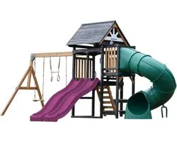 AXI Cody Équipement de Jeu avec Balançoires, Trapèze et Mur d'Escalade – Double Toboggan Violet – Met Buisglijbaan - Met Picknickbank - Bois FSC 100% – Tour de Jeu pour le jardin / extérieur