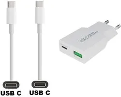 OneOne 20W snellader met 2 poorten + 0,5m Sterke USB C naar C kabel. PD PPS lader. GAN oplader adapter past op Universeel Asus, ZTE, Fairphone, Sony Xperia, OPPO, Apple iPhone / iPad, Nokia, Acer, BlackBerry, Anker (Soundcore), Archos, Bose