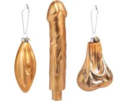 Santly gouden kerstornament set - Kerstballen - Kerstversiering - Kerstboom versiering - Kersthanger - Vagina - Ballen - Piemel piek - Glas