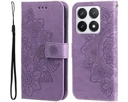 Coque adaptée au Xiaomi 14T Pro | Étui à livres Fleurs | Porte-cartes | Violet