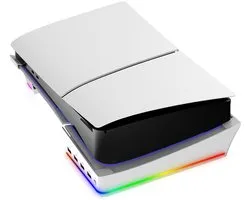 Horizontale PS5 Slim & Pro Stand met RGB LED 14 Modus Licht - 4-Port USB Hub - Koelstandaard & Antislip - Compatibel met Disc & Digital Edition - Console Accessoire 2026 - Ideaal Voor Gameliefhebbers - Wit