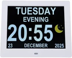 Horloge Calendrier Numérique - Horloge Jour Date - Aide Seniors - Télécommande Incluse - 8 Pouces HD IPS - Noir