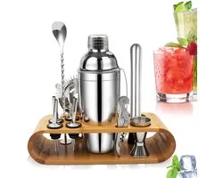 Premium cocktailmixset - 12-delige set - 750 ml - Inclusief roestvrijstalen shaker, roerstaaf, doseermondstuk en zeef - Cadeauset - 304 roestvrij staal - Zilver