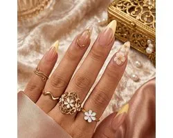 24pcs Flower Press On Nails Almond Medium, French Tip Sticking Nails Set, Shiny False Nails with Yellow Flowers - ShopVlot
