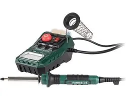 PARKSIDE® Instelbare Soldeerstation 100-500 °C - 48W - Inclusief 1 Extra Vervangingspunt en 2 Klossen Elektronicasoldeer - Compacte Soldeerbout met Soldeerspons, Vak voor Klossen en Netschakelaar - Digitaal -
