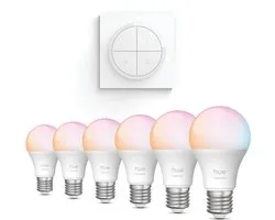 Philips Hue Voordeelverpakking - E27 - met 6 Standaard lampen - Wit en Gekleurd Licht - Incl. Hue Dial Switch (Wit) - Hue White and Color Ambiance Essentials