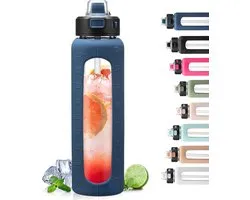 BLUEGO 900 ml Glass Water Bottle with Handle and Straw, Silicone Sleeve for Outdoor Sports Gymnastics, Motivational - ShopVlot