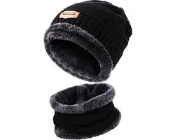 Gebreide Beanie Muts en Sjaal Set | Warme Bonnet Winter Muts Met Colsjaal Nekwarmer | Halswarmer Wintermuts Wol Gevoerd | Warme & Zachte Fleece Voering | Unisex | Voor Dames en Heren | Volwassenen - Zwart | Valentijn cadeautje voor hem en haar