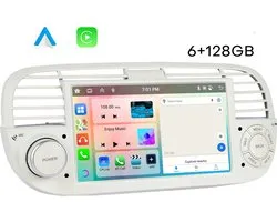 Boscer Autoradio - Geschikt voor Fiat 500 2007-2015 - Apple Carplay & Android Auto (draadloos) - 6+128GB - Android 15 - 7 Inch HD IPS Touchscreen - GPS Navigatiesysteem - Bluetooth, USB, WiFi & MP5 - Wit/Beige - Achteruitrijcamera & Microfoon