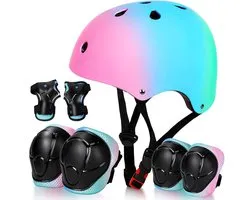 ZOSUDULL-Skate Beschermset Kinderen - 7-Delige-Skeeler-Bescherming-Met-Verstelbare-Kinderhelm-52-58cm-ABS-EPS-Kniebeschermers-Elleboogbeschermers-Polsbeschermers-Voor-Skaten-Fietsen-Step-Skateboard-Poederblauw-M