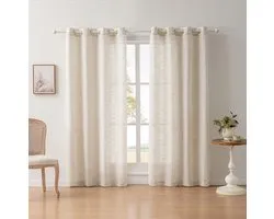 Floraweg Rideaux semi-transparents en poly-lin avec texture, long slub, rideaux unis avec anneaux à voile pour portes-fenêtres, beige, 140x220 cm