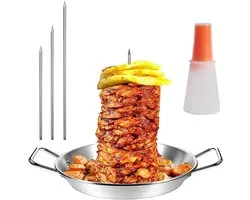 Kebab Plate and Skewer, 10 Inch Stainless Steel Vertical Skewer, Kebab Pan with 3 Sizes Removable Spikes and Oil Bottle Brush for Whole Chicken, Fish, Sausage, Steak Maker