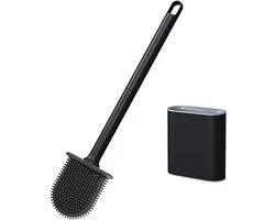 Silicone Wall Toilet Brush Holder with Long Non-Slip Handle - Professional Bathroom Cleaning Tool (Black)