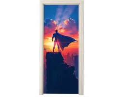 Deurposter 95x235 cm - Deursticker Superheld - Stad - Jongens - Kleurrijk - Zon - Meubelfolie zelfklevend - Deurfolie tienerkamer - Interieurfolie kinderkamer - Deur plakfolie - Deurbehang sticker - Kamer decoratie tieners