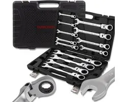 Forcekraft 10340 Serie - Combinatiesleutelset met Ratels en Draaibare Kop - 13 Delig - 8-32mm - Cr-V Staal