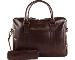 BUCKLE & SEAM Leren Business tas Laptoptas met laptopvak Everett New Stripes Business Bag Brown Donkerbruin