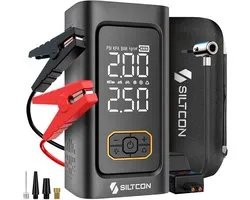 Siltcon® 12V 5-in-1 Jumpstarter voor Auto met Compressor - 2000A / 15.000 mAh Powerbank - Startkabels - 22.5W Snellader USB C - Bandenpomp Tot 10.8 Bar 35l/min - LED Zaklamp - SOS Noodlicht - Noodpakket - Alle Voertuigen - Booster - Incl. Opberghoes