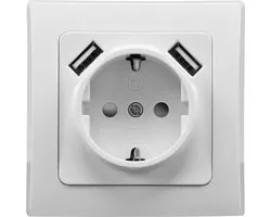Stopcontact met USB 2x - Verdeelstekker horizontaal - Inbouwdoos met Randaarde - Wandcontactdoos inbouw - verdeeldoos zonder snoer - Wit