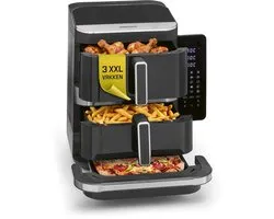 GOURMETmaxx FryUp3 Friteuse à air chaud verticale 3 compartiments | Airfryer XXL sans PFAS | Friteuse à air chaud XXL 12,4 l + tiroir de four pour pizza etc. | Air Fryer Friteuse à air chaud SuperClear LED-Touchdisplay